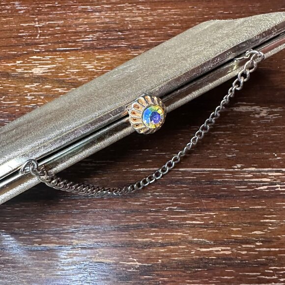 Vintage Gold Clutch Purse With Chain Strap Textured Metallic Finish & Crystal Cl - Picture 6 of 11